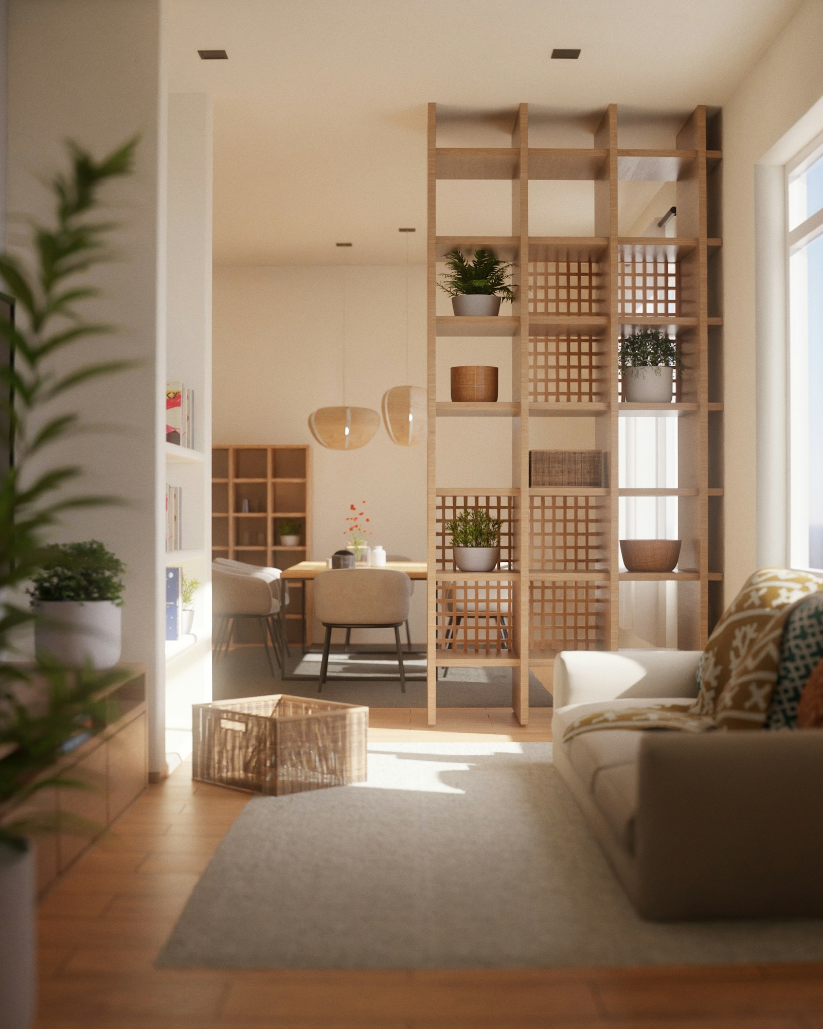 Sunlit living space with warm natural wood